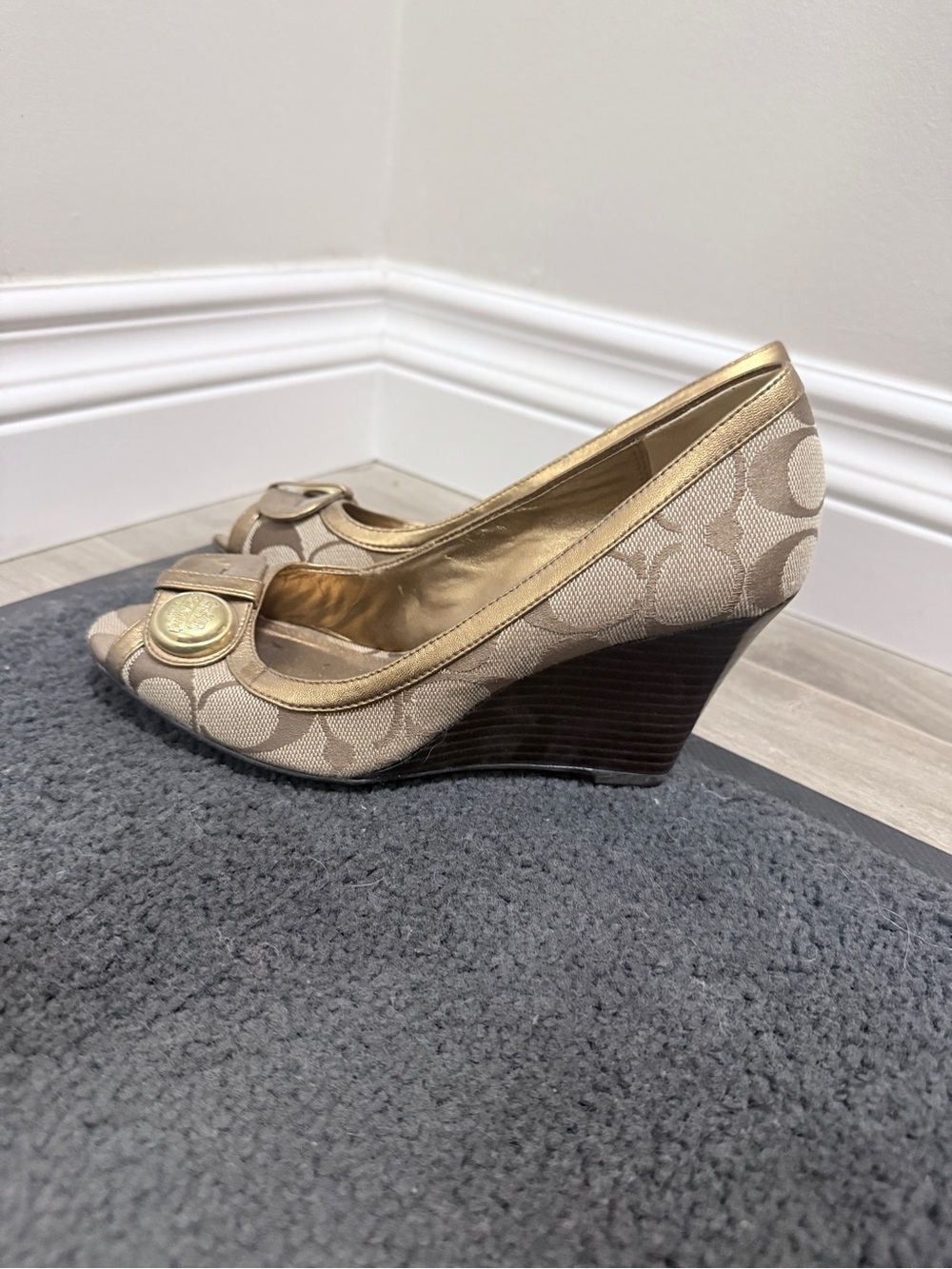 Coach Tan Signature Canvas Wedge Pumps with Gold Trim